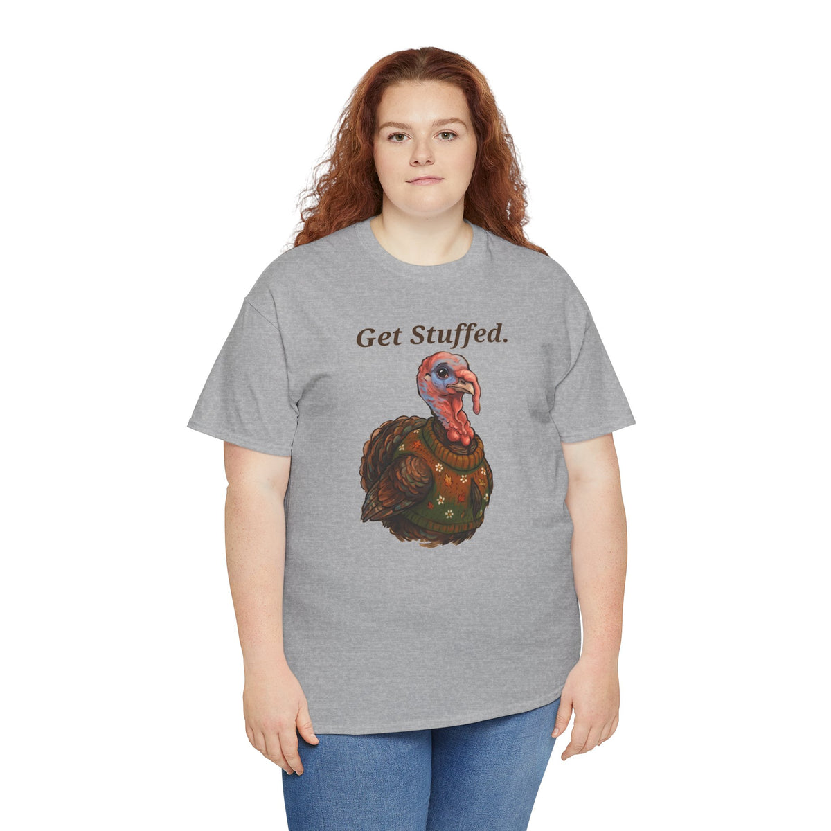 Sport grey t-shirt on model with 'Get Stuffed.' turkey graphic, short sleeves