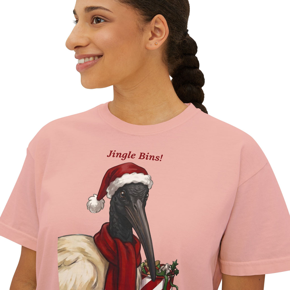 Peach pink T-shirt with 'Jingle Bins!' ibis in Santa hat chest graphic