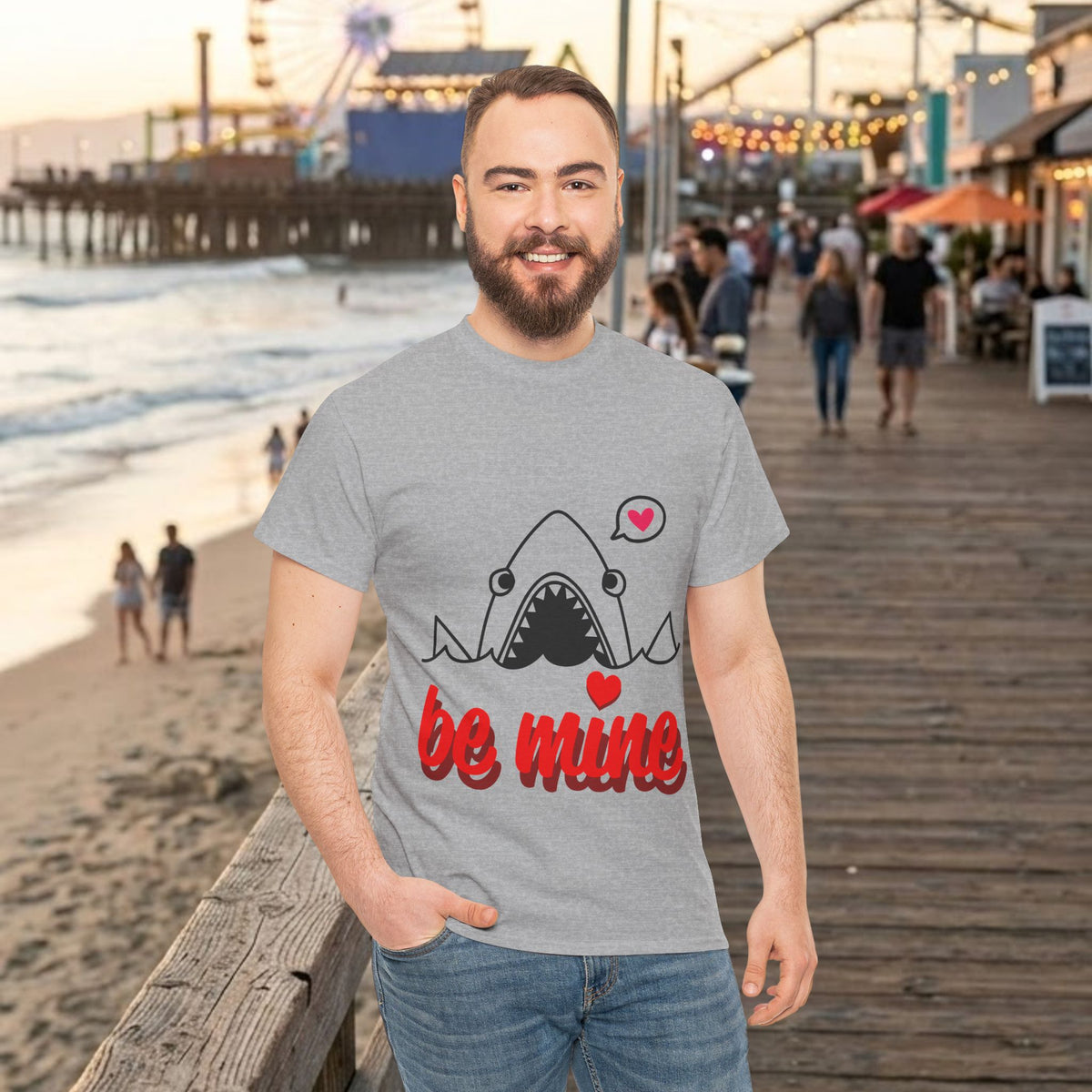 Heather gray t-shirt with shark illustration and red "be mine" script, heart accents.