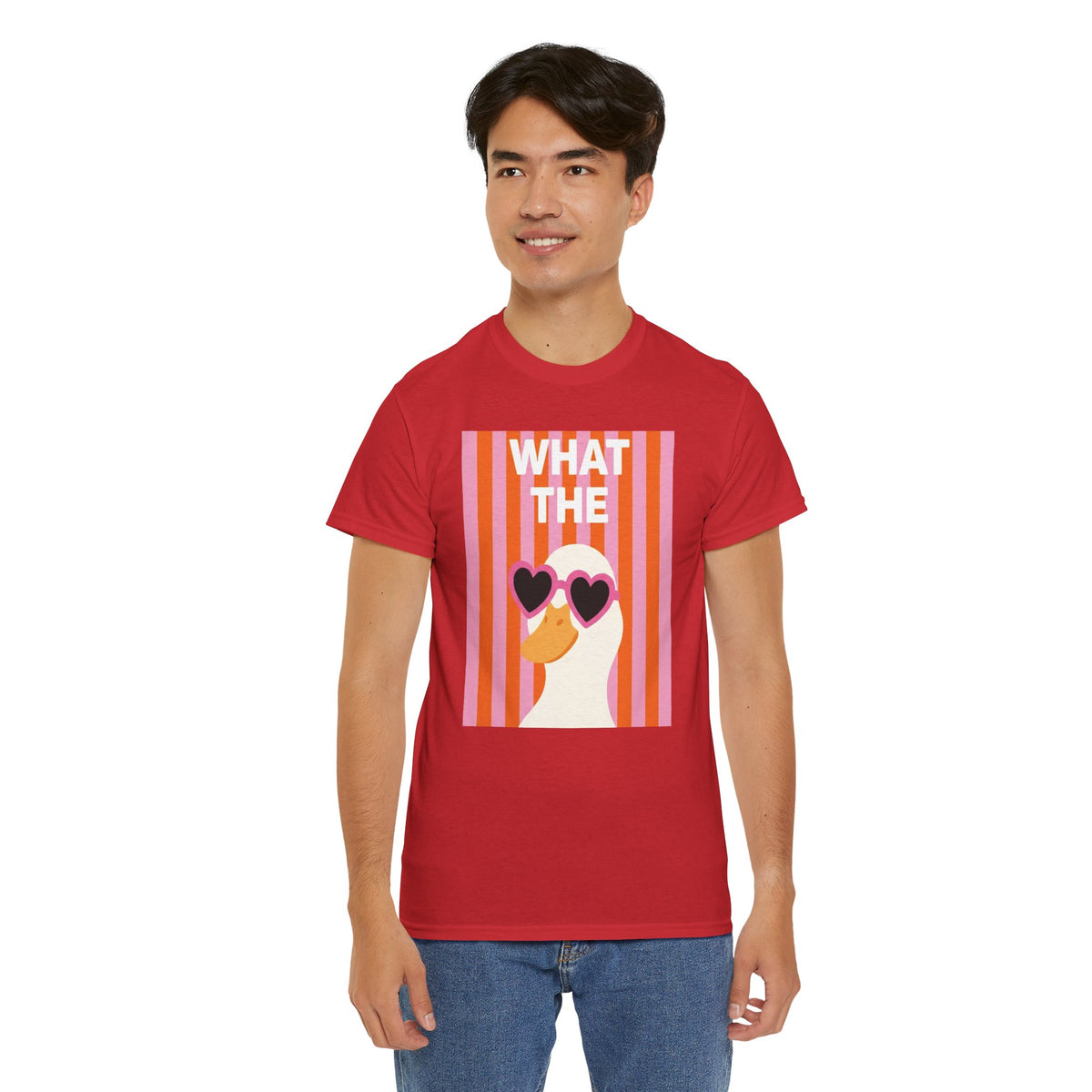 Red cotton graphic tee front view with duck face, heart sunglasses, and “WHAT THE” print