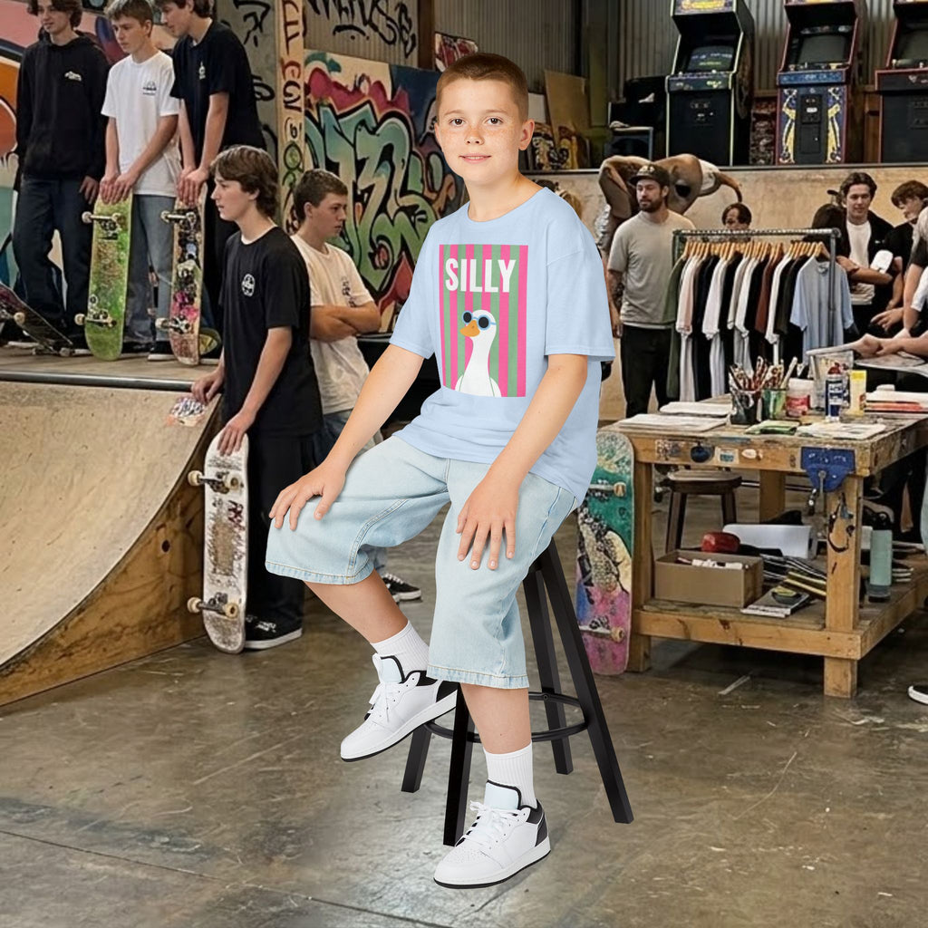 Kids light blue t-shirt with “SILLY” duck graphic; crew neck and short sleeves