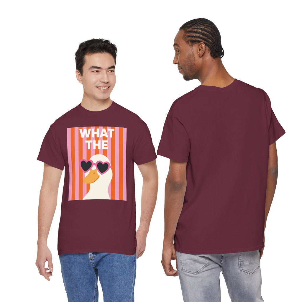 Maroon crewneck t-shirt; graphic on front and plain back view.