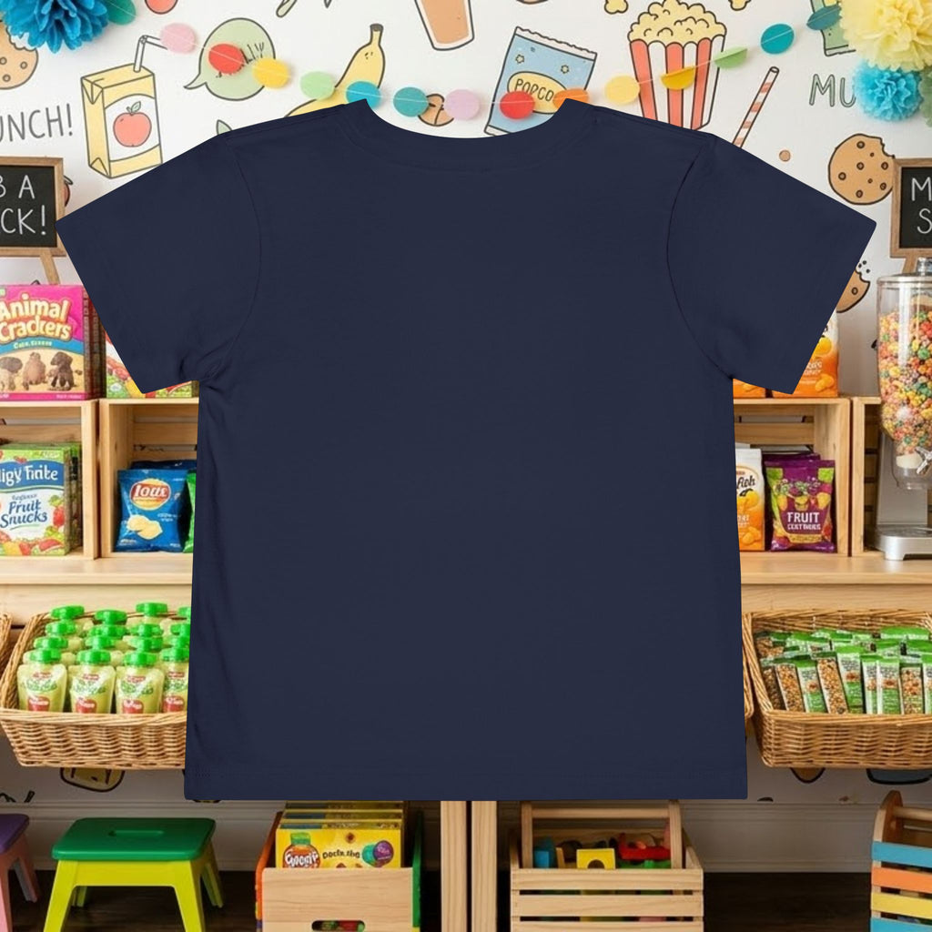 Toddler T-shirt in navy, crew neck, short sleeves (back view)
