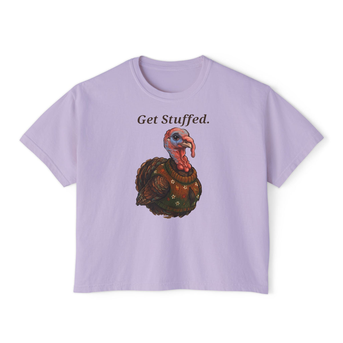Purple “Get Stuffed.” turkey graphic T-shirt, crew neck, short sleeves