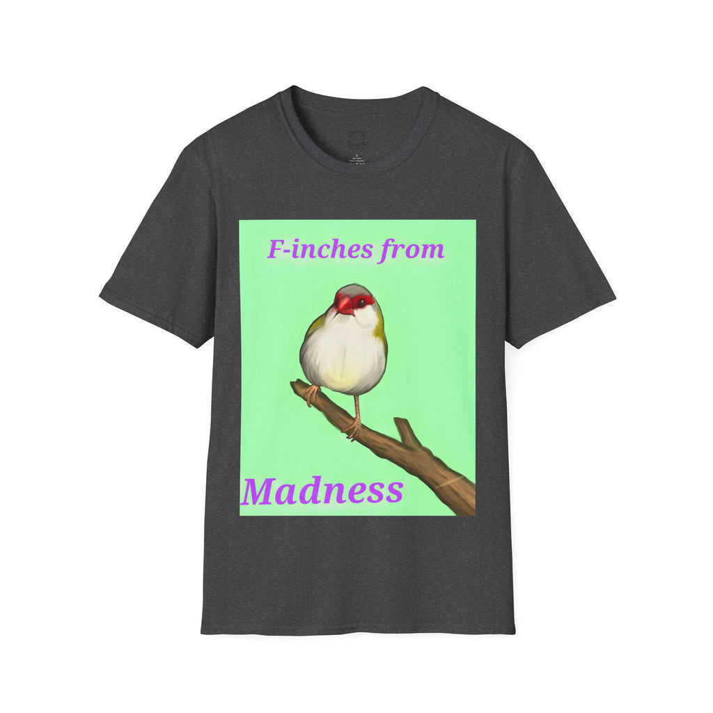 Dark charcoal T-shirt with red-and-white bird graphic and pink “Madness” text
