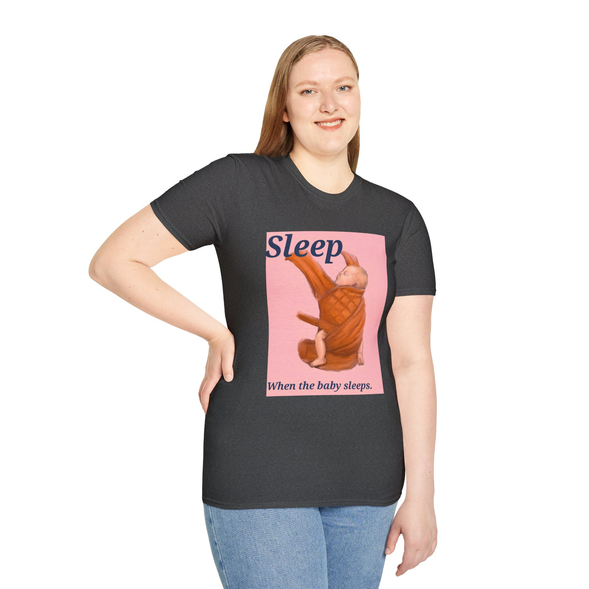 Black t-shirt with “Sleep” sleeping baby graphic and “When the baby sleeps.”