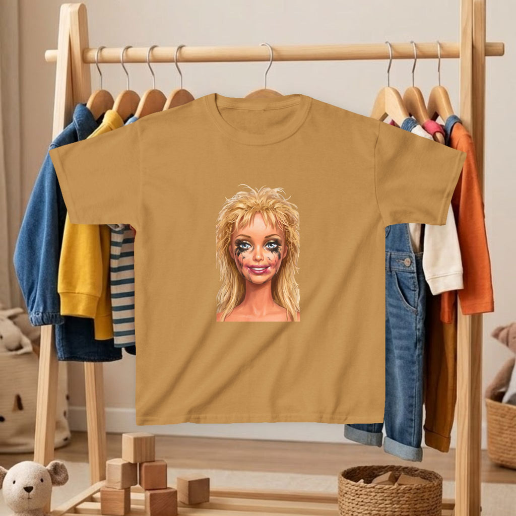 Kids' T-shirt in tan with blonde doll portrait graphic on front