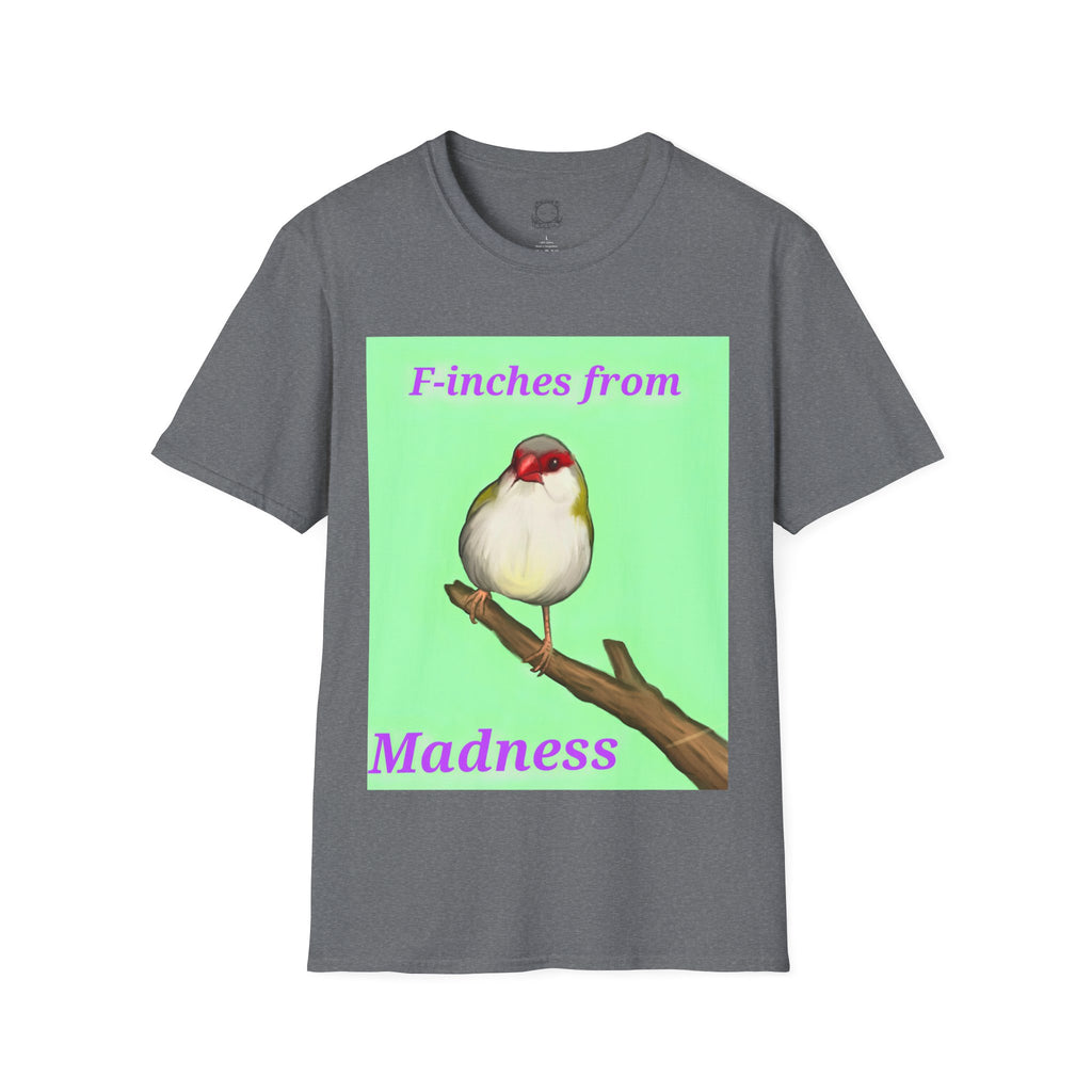Charcoal heather T-shirt with red-and-white bird graphic and pink “Madness” text