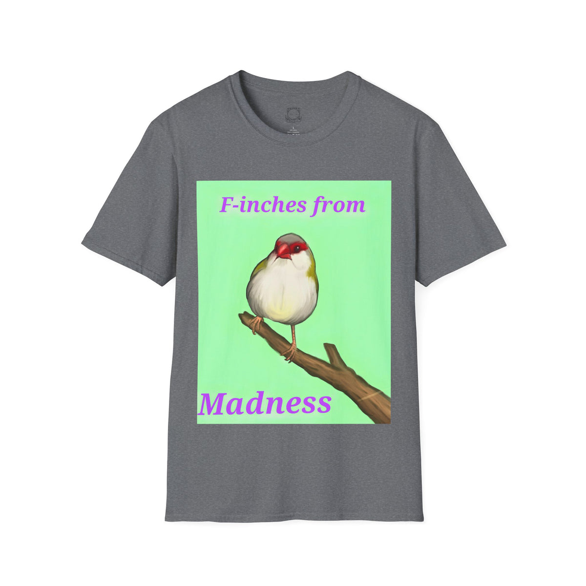 Charcoal heather T-shirt with red-and-white bird graphic and pink “Madness” text