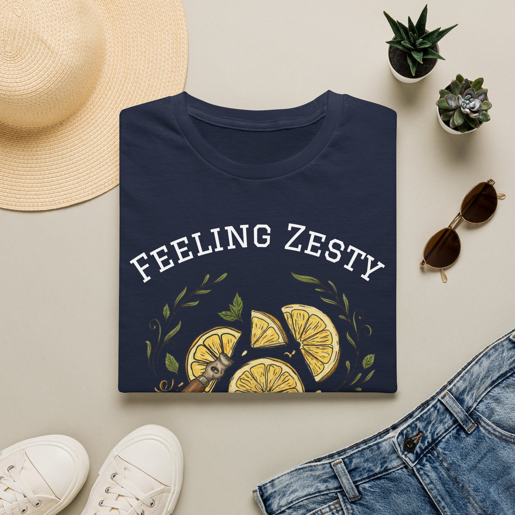 Navy crewneck graphic tee with “FEELING ZESTY” citrus print