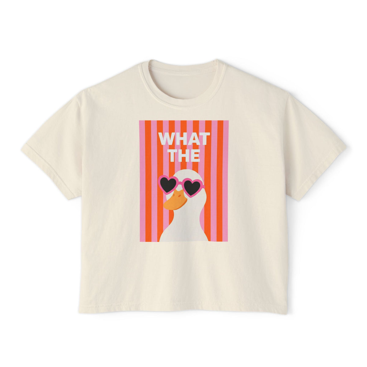 Ivory short-sleeve graphic tee with “WHAT THE” text and duck with heart glasses