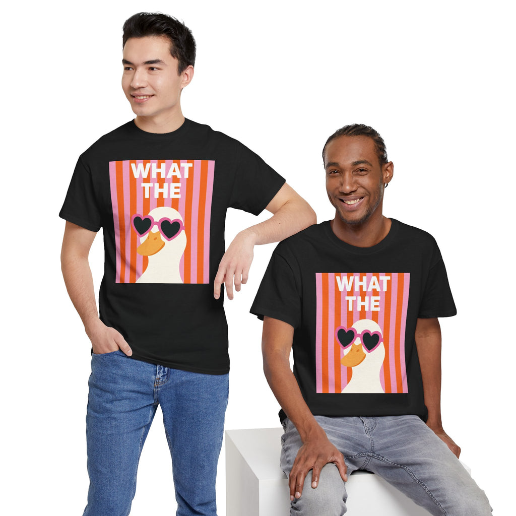 Black crewneck graphic T-shirt featuring “WHAT THE” text and duck with heart sunglasses