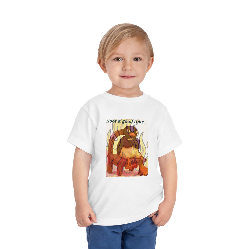 White toddler T-shirt on child, featuring cat-in-flames graphic and text