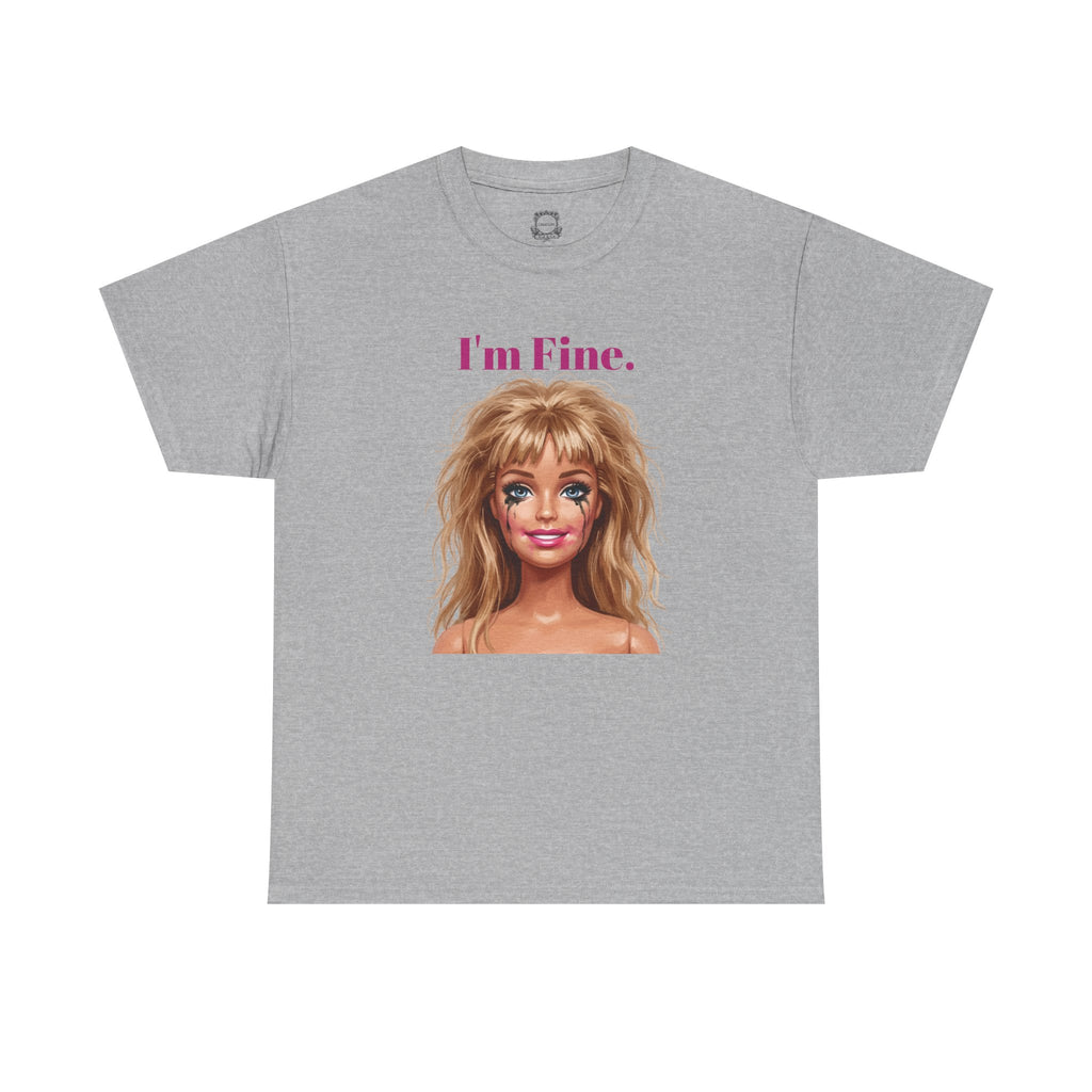 Heather gray crewneck T-shirt with doll face graphic and “I’m Fine.” text on front