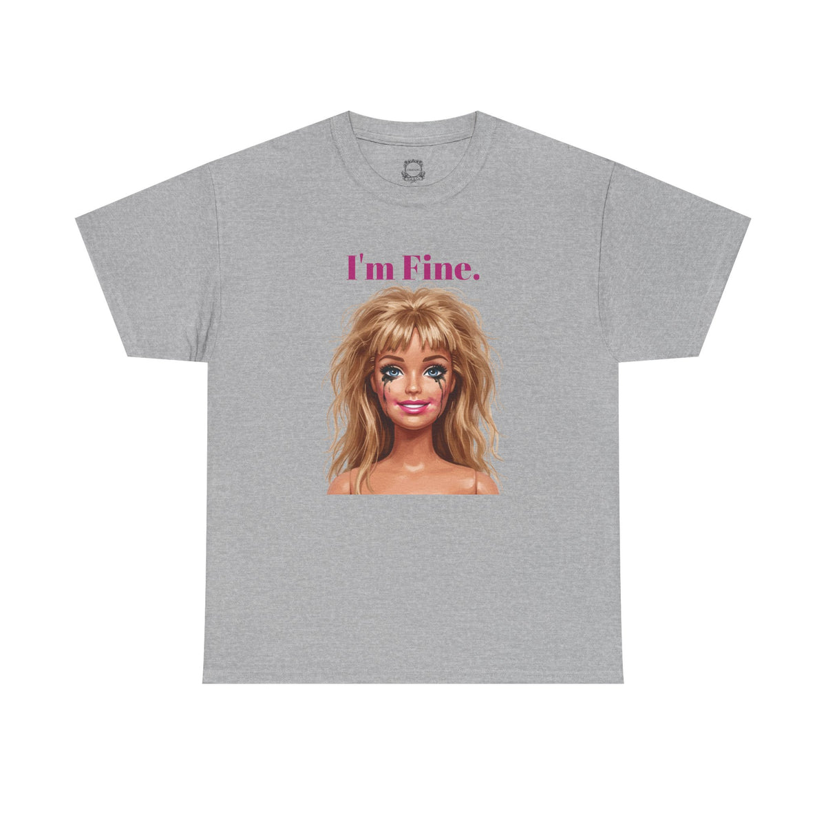 Heather gray crewneck T-shirt with doll face graphic and “I’m Fine.” text on front