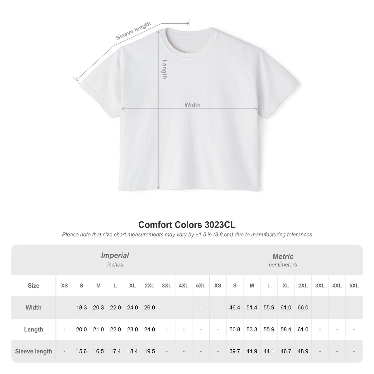 White cropped T-shirt flat lay with size measurement lines and labels