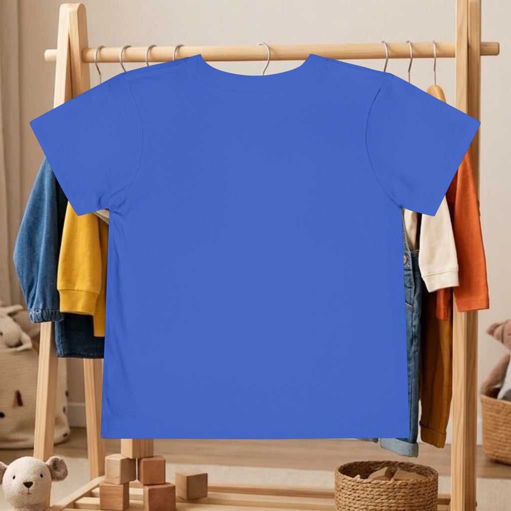 Toddler blue short-sleeve tee back view with small logo patch