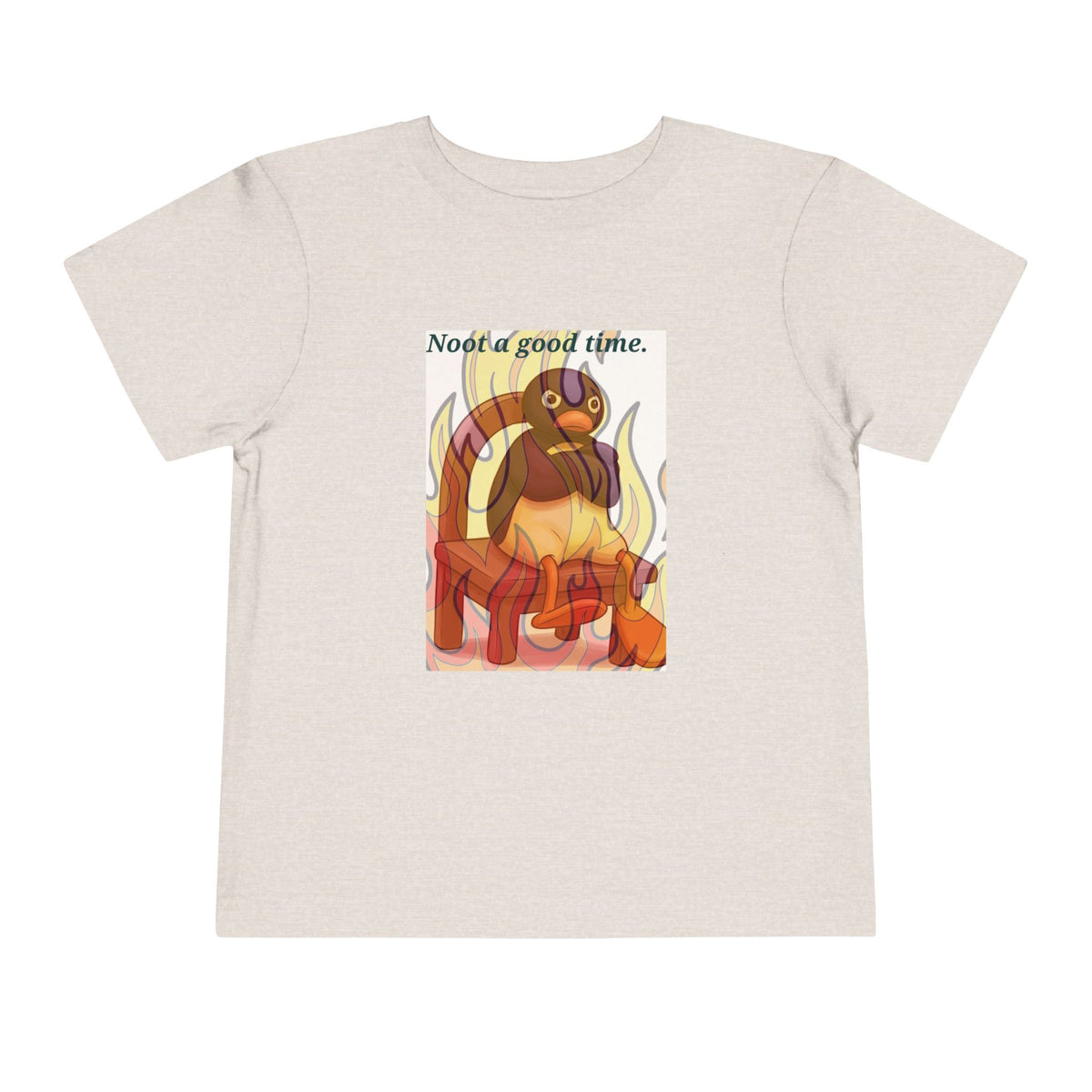Light gray toddler graphic tee with flaming cat and "Need a good time." text
