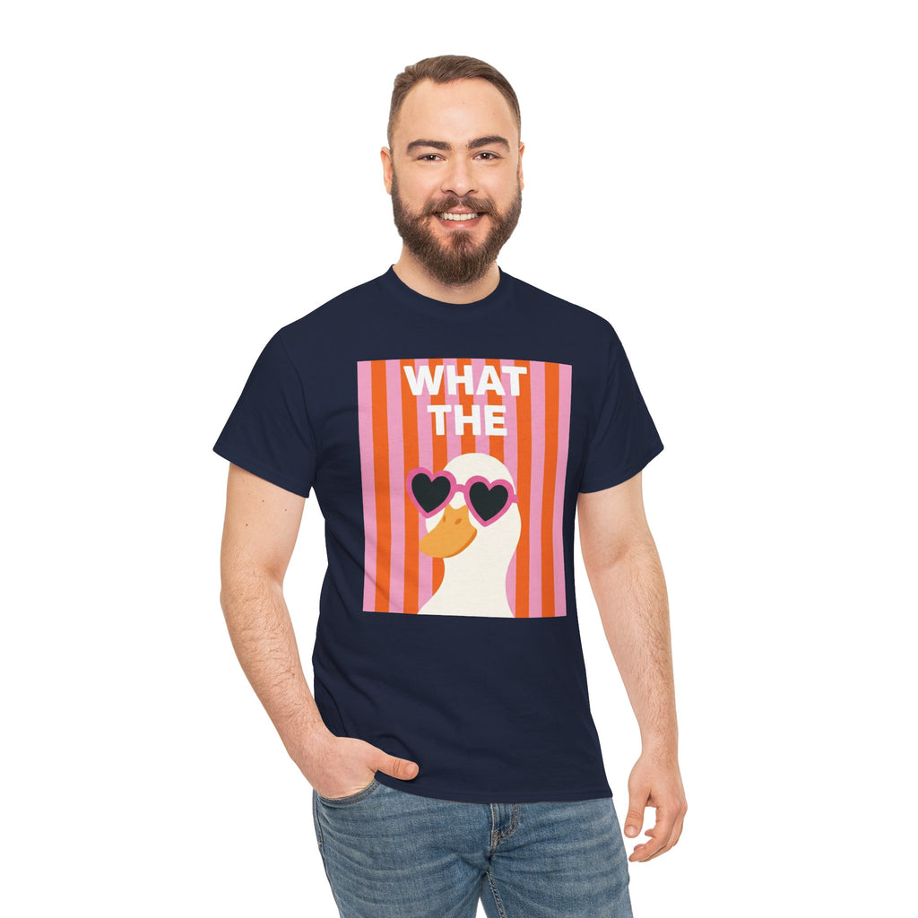 Navy crewneck T-shirt with front 'WHAT THE' duck graphic and heart sunglasses