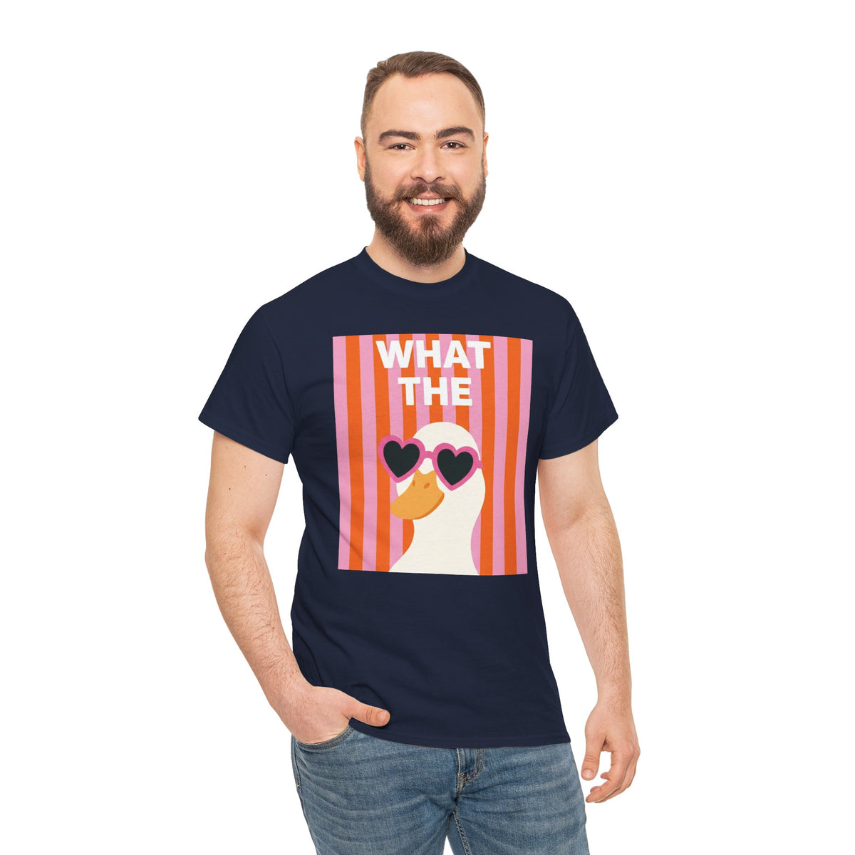Navy crewneck T-shirt with front 'WHAT THE' duck graphic and heart sunglasses