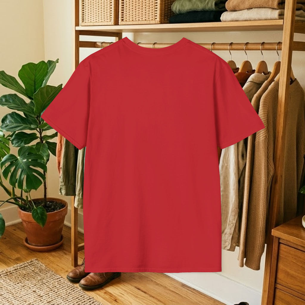 Red crewneck t-shirt, short sleeves; back view