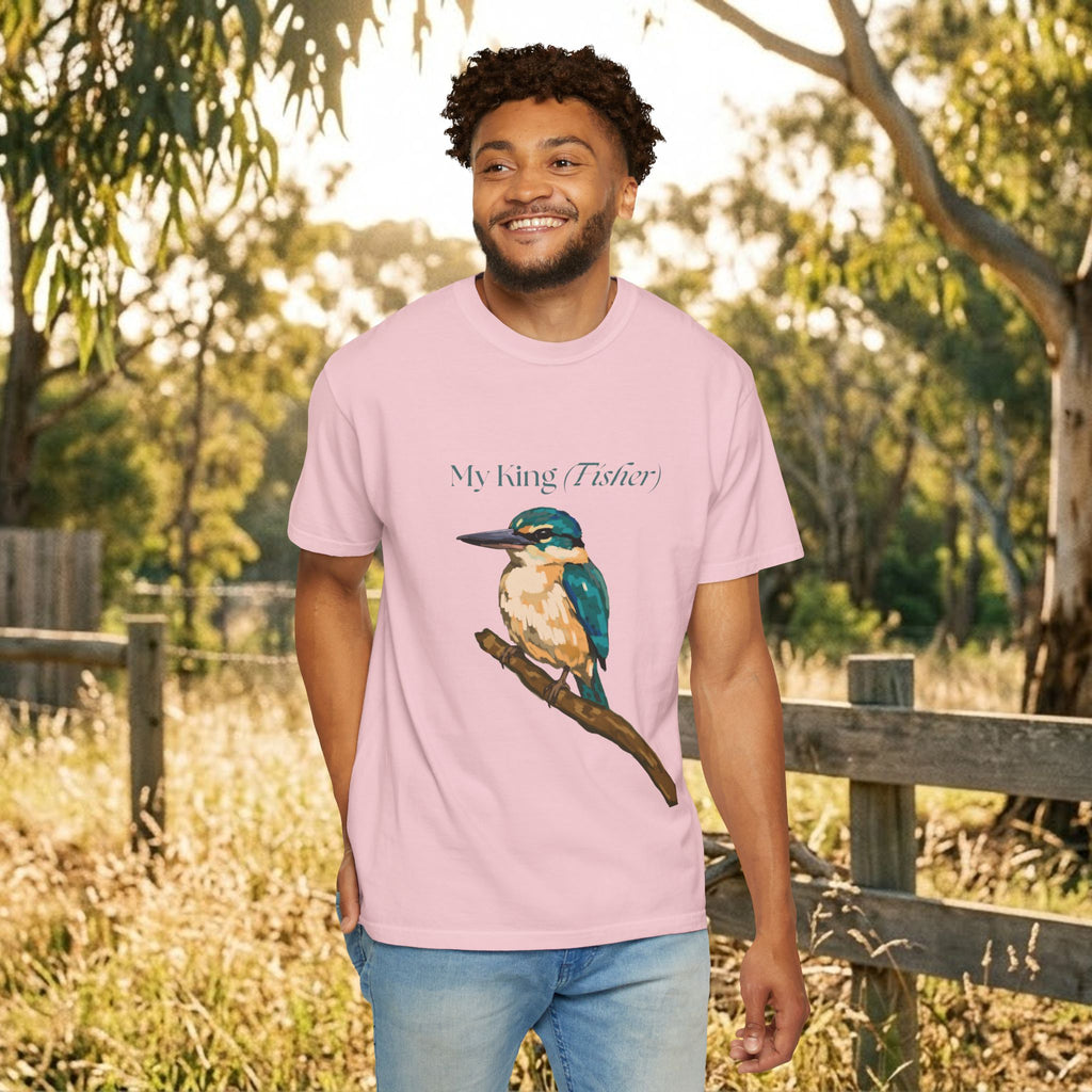 Light pink crewneck T-shirt with kingfisher bird graphic, front view