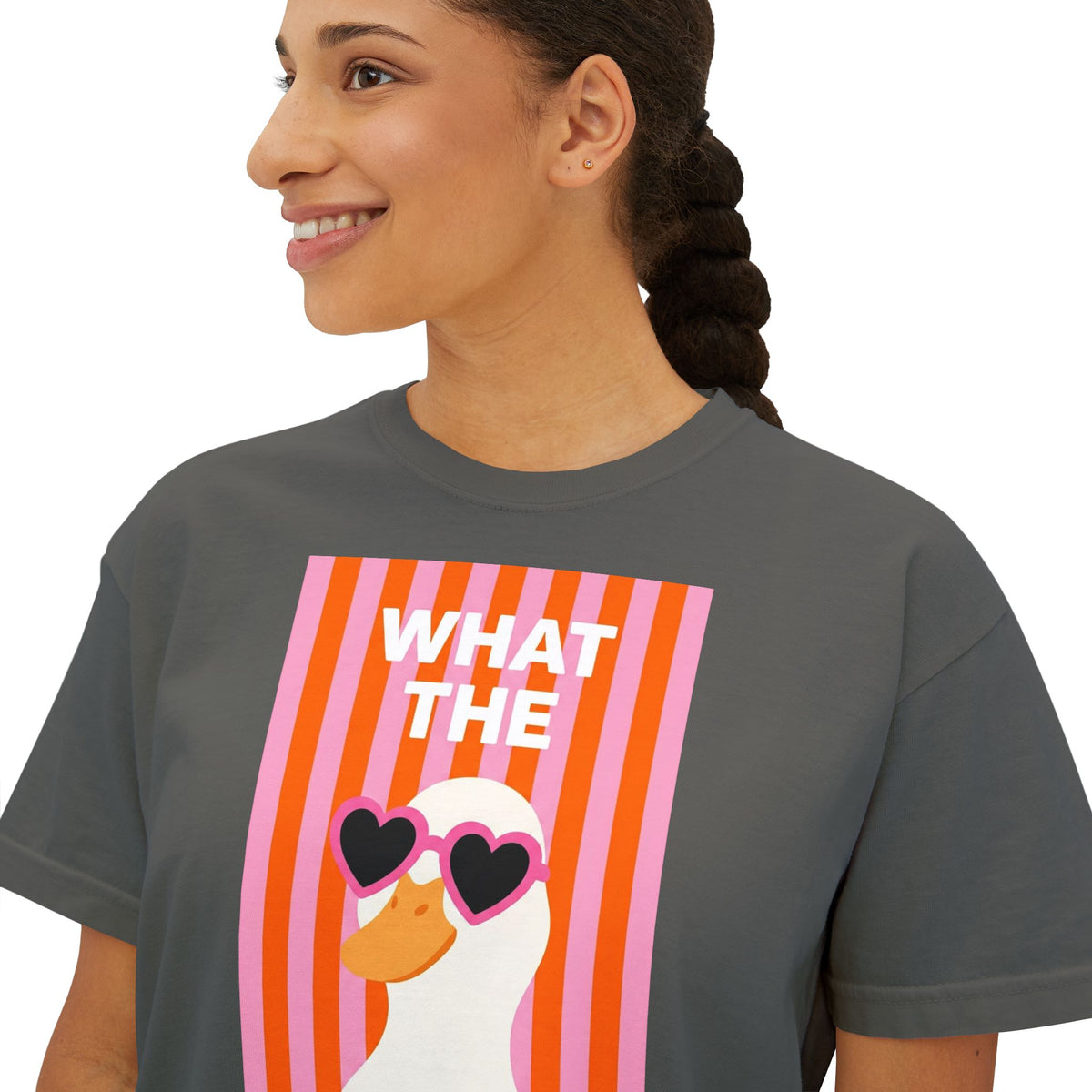Charcoal crew-neck graphic tee with “WHAT THE” text and duck wearing heart glasses