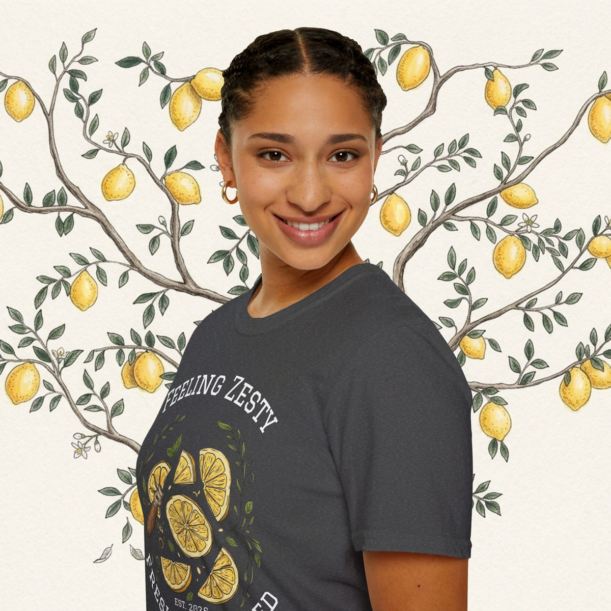 Dark graphic t-shirt side view with lemon slice print and 'Feeling Zesty' text