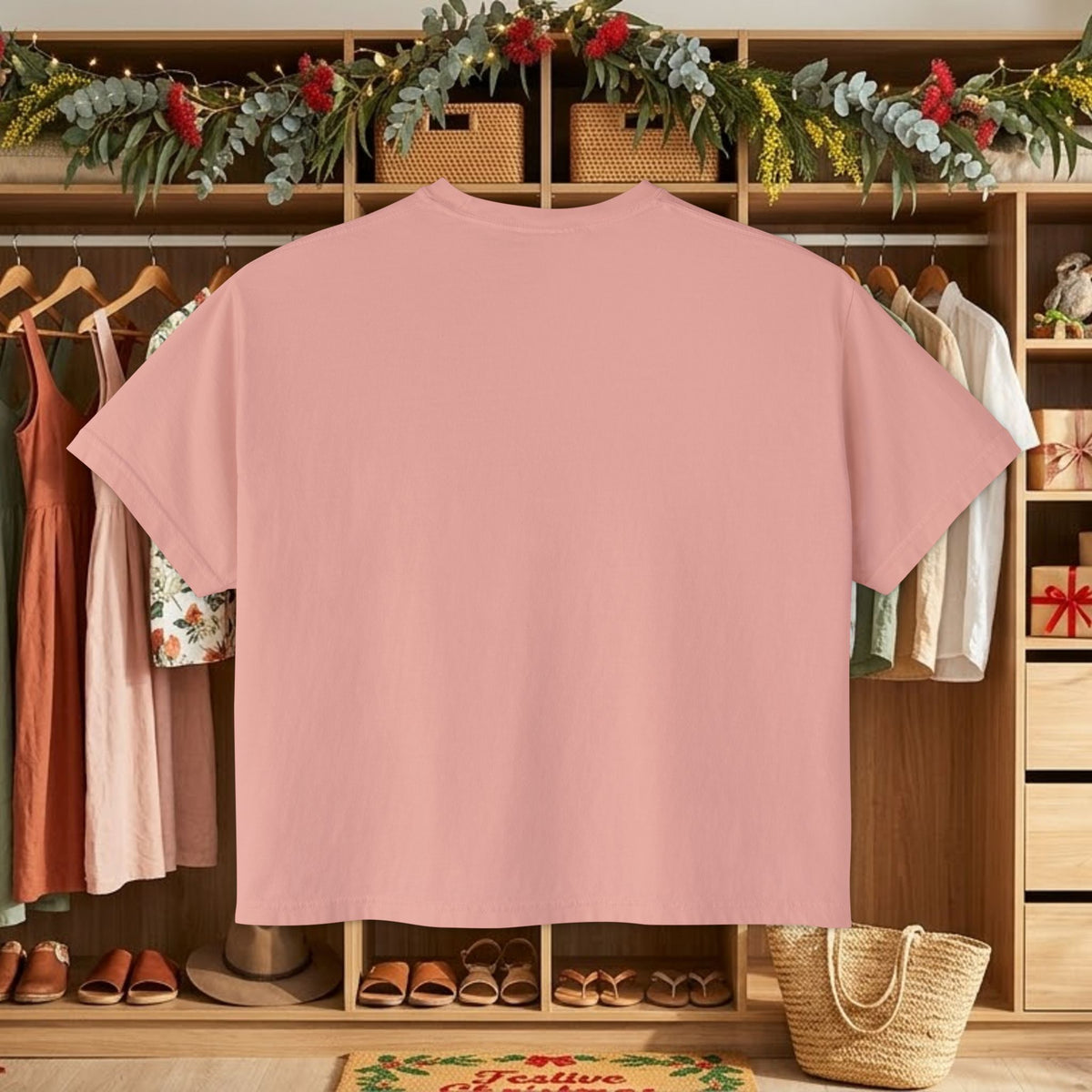Dusty pink short-sleeve t-shirt with plain back, no graphic