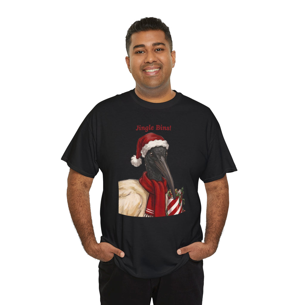Black crewneck t-shirt on model with “Jingle Bins!” Santa bird print