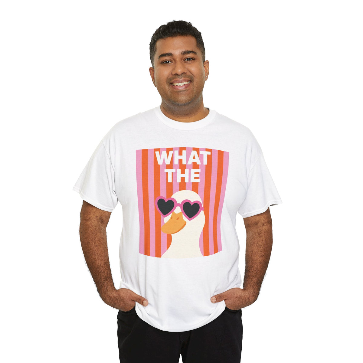 White graphic cotton tee with "WHAT THE" text over heart sunglasses face art