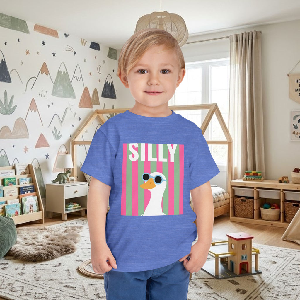 Toddler blue graphic tee with colorful “SILLY” duck sunglasses front print
