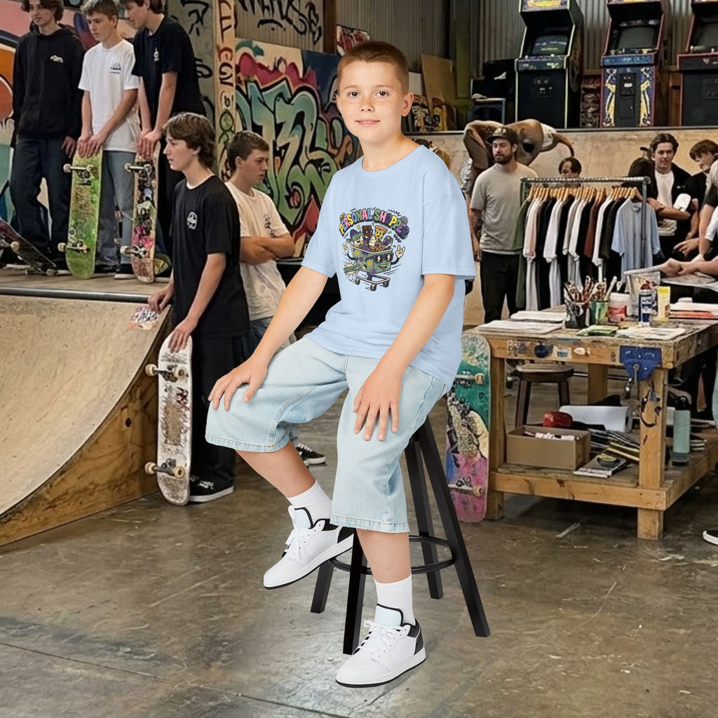 Kids light blue graphic tee with “Personal Shopper” cartoon print, seated pose
