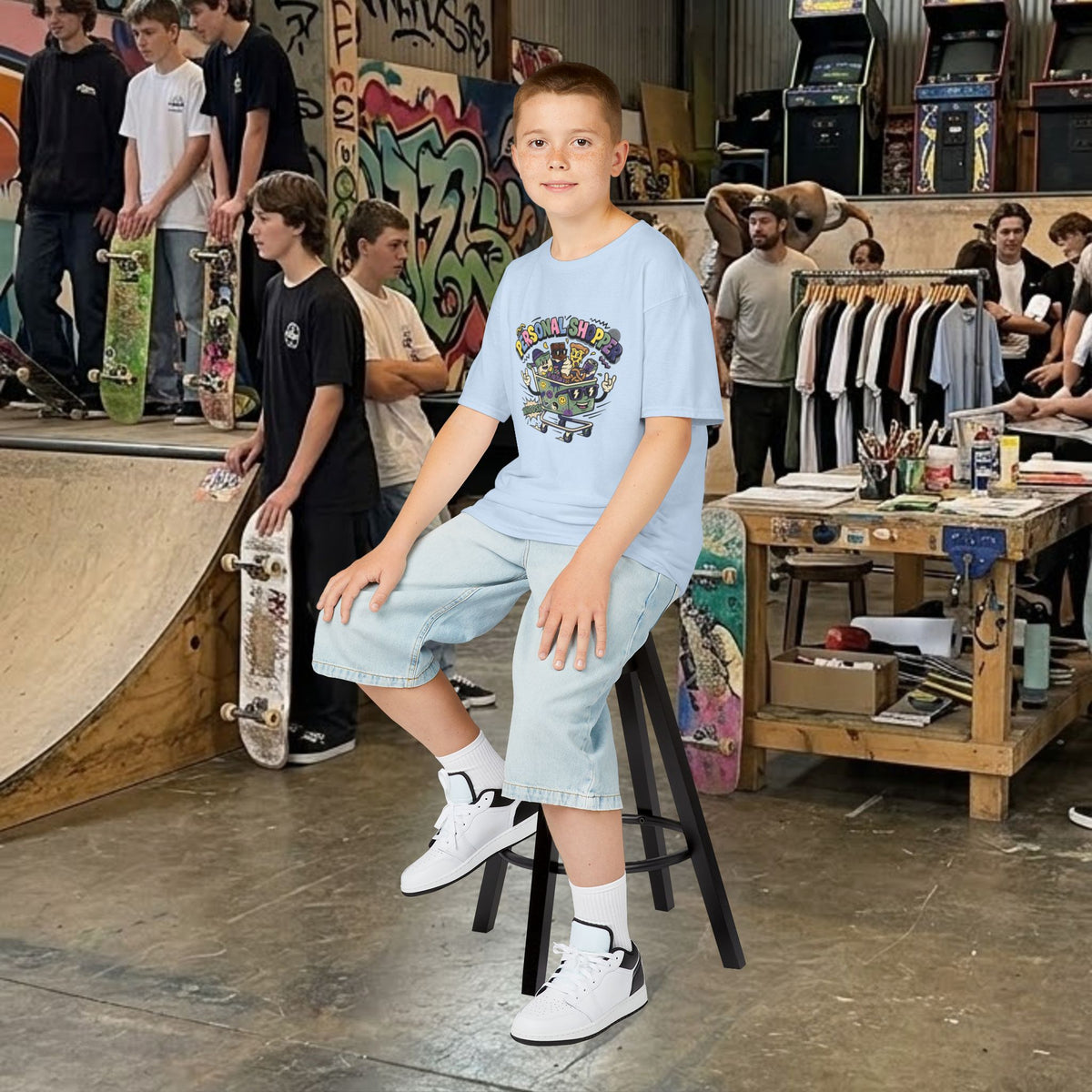 Kids light blue graphic tee with “Personal Shopper” cartoon print, seated pose