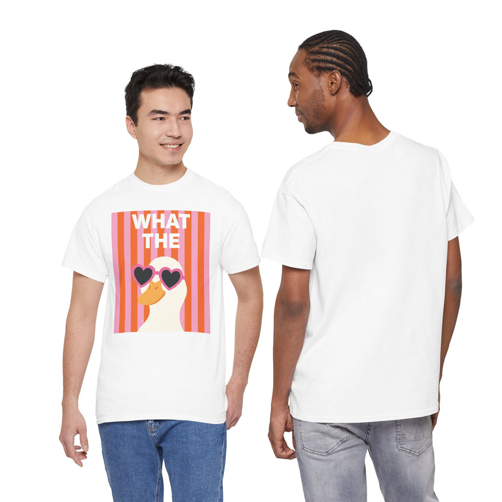 White crew-neck graphic T-shirt with colorful retro heart sunglasses design on front