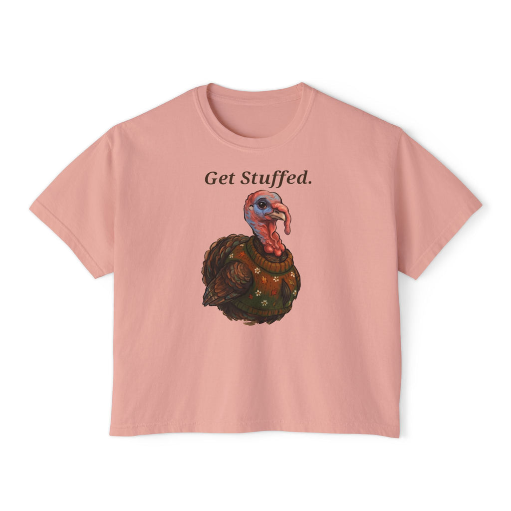Dusty pink crewneck T-shirt with "Get Stuffed." turkey graphic on front.