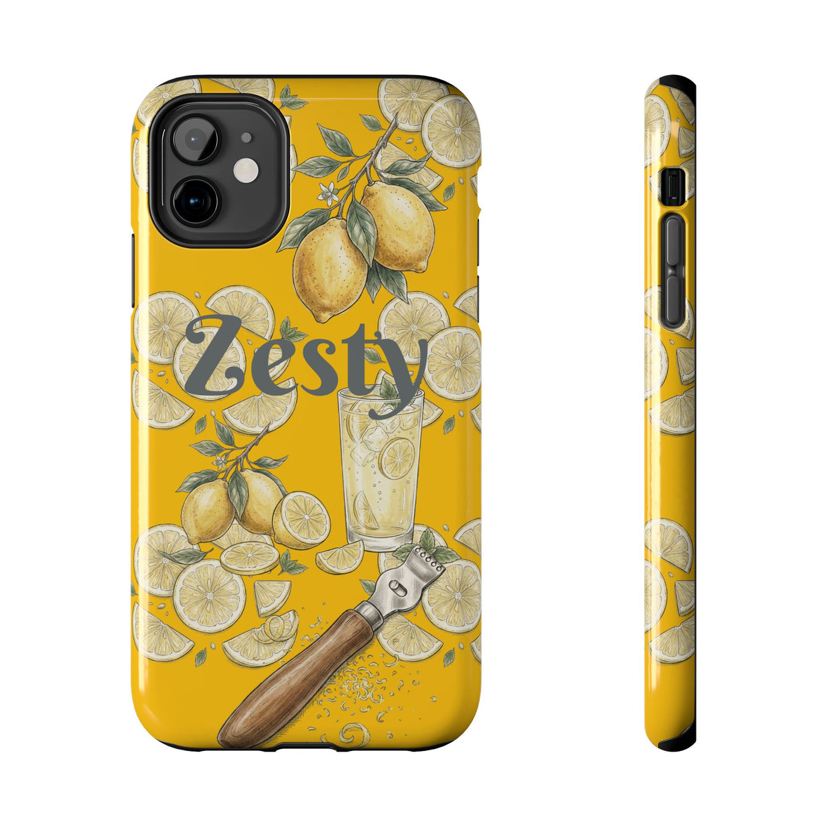 Yellow tough phone case with zesty citrus print; side button cutouts visible