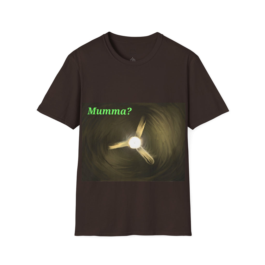 Dark brown crew-neck T-shirt with spooky ceiling fan graphic and green 'Mumma?' text