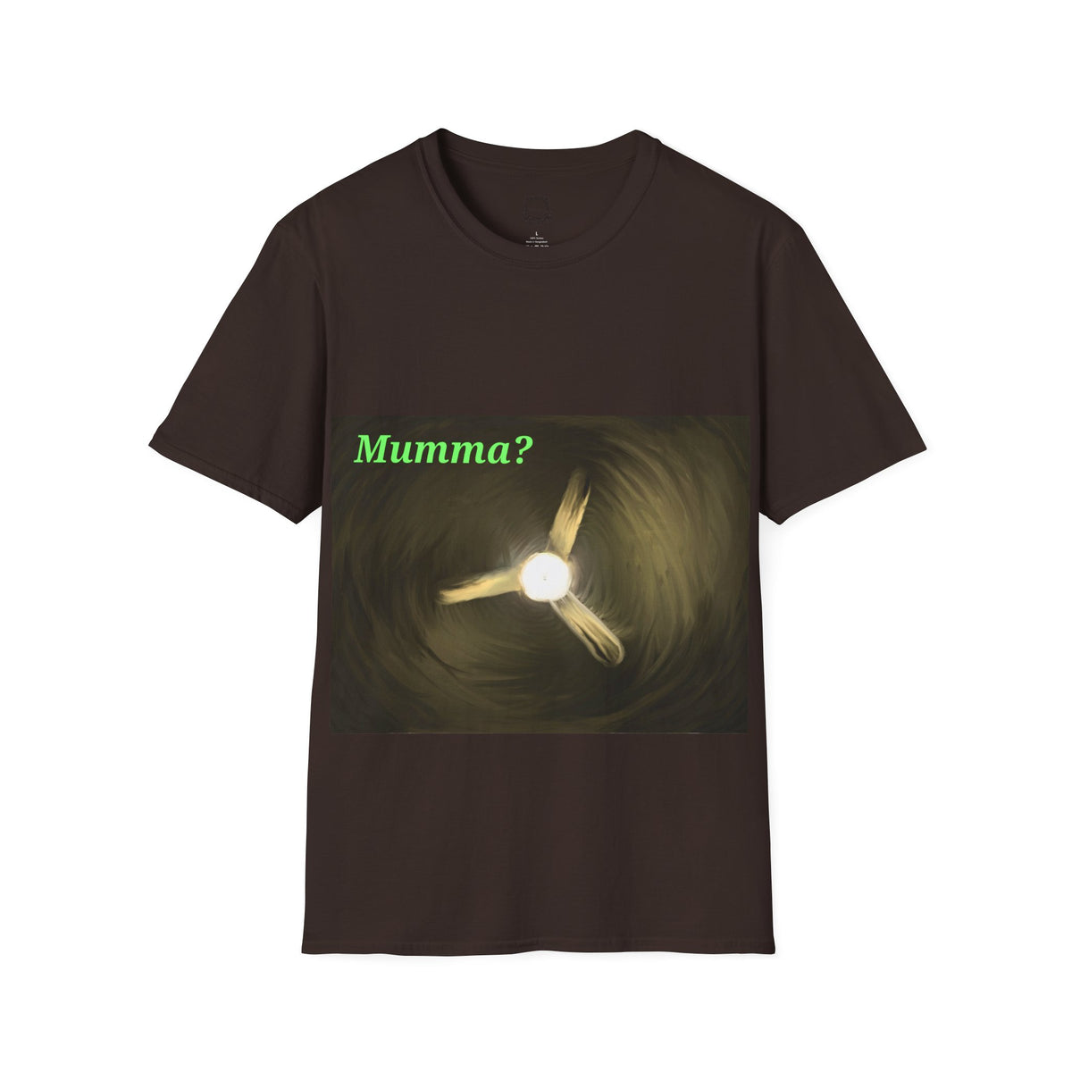 Dark brown crew-neck T-shirt with spooky ceiling fan graphic and green 'Mumma?' text