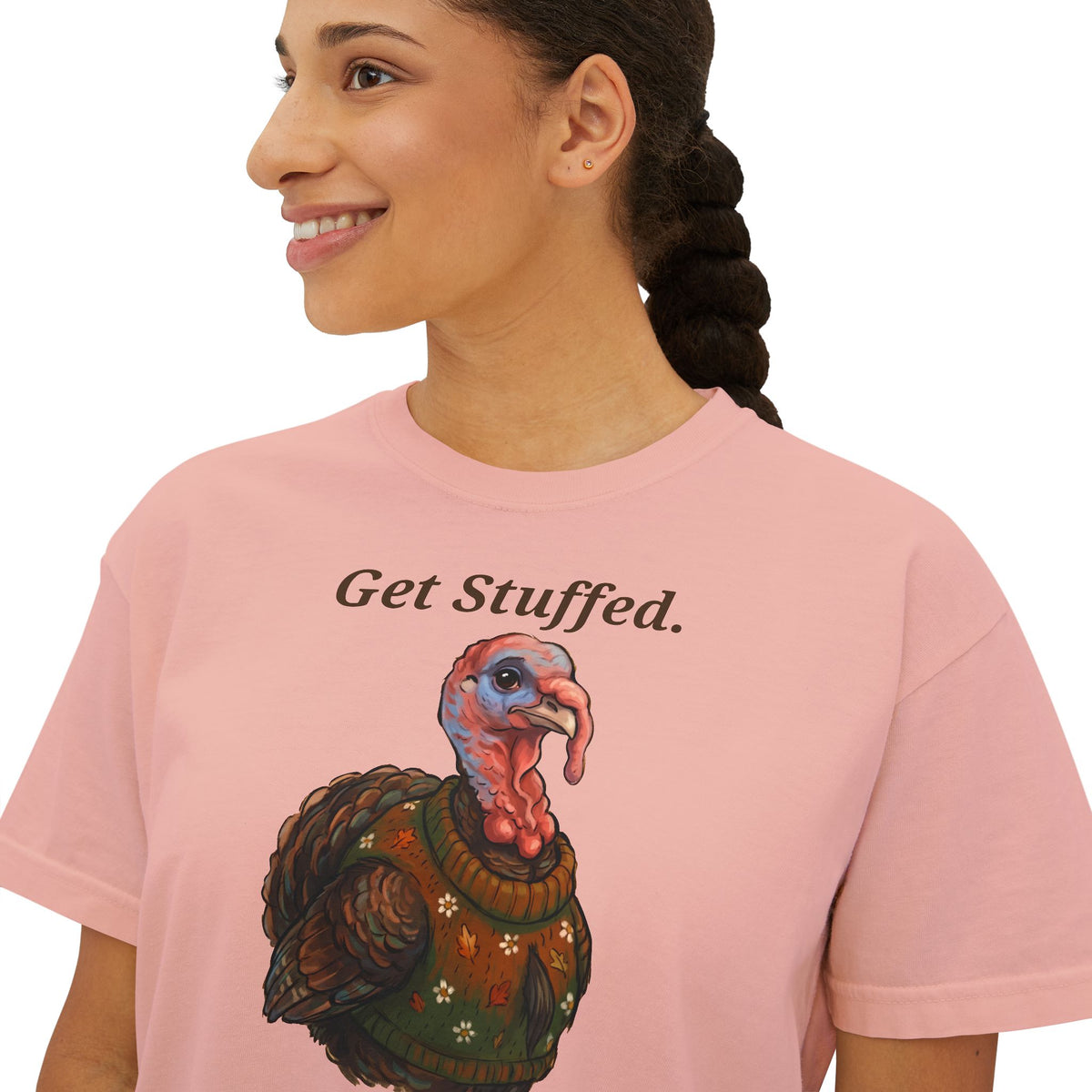 Pink “Get Stuffed.” turkey graphic T-shirt, crew neck, short sleeves