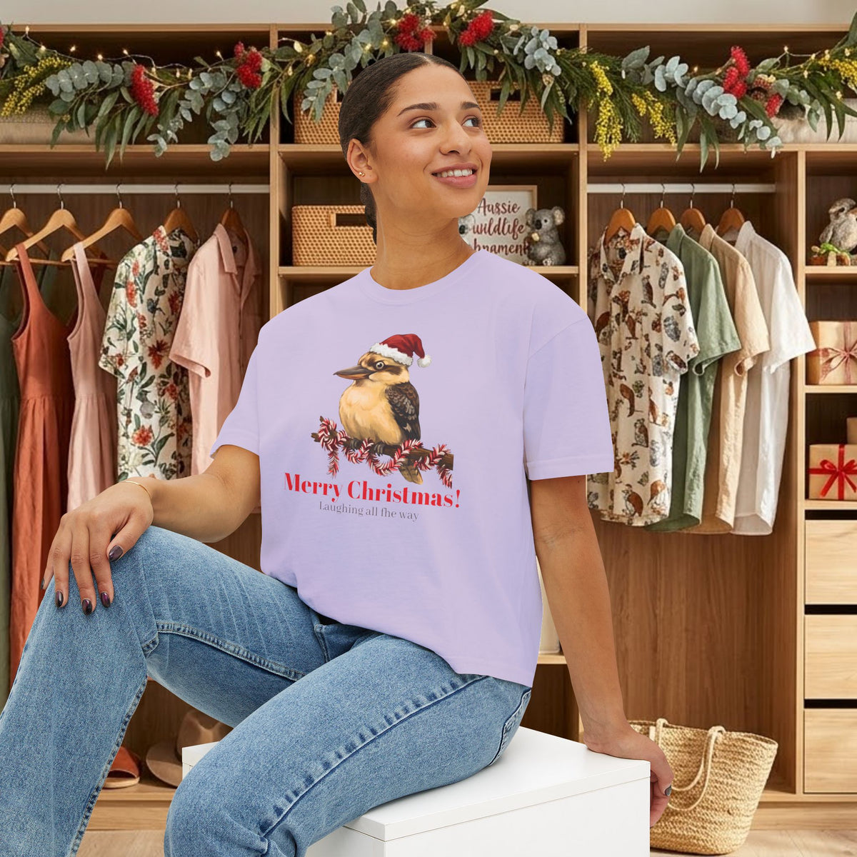 Lavender Christmas T-shirt with kookaburra Santa hat front graphic, model wearing it