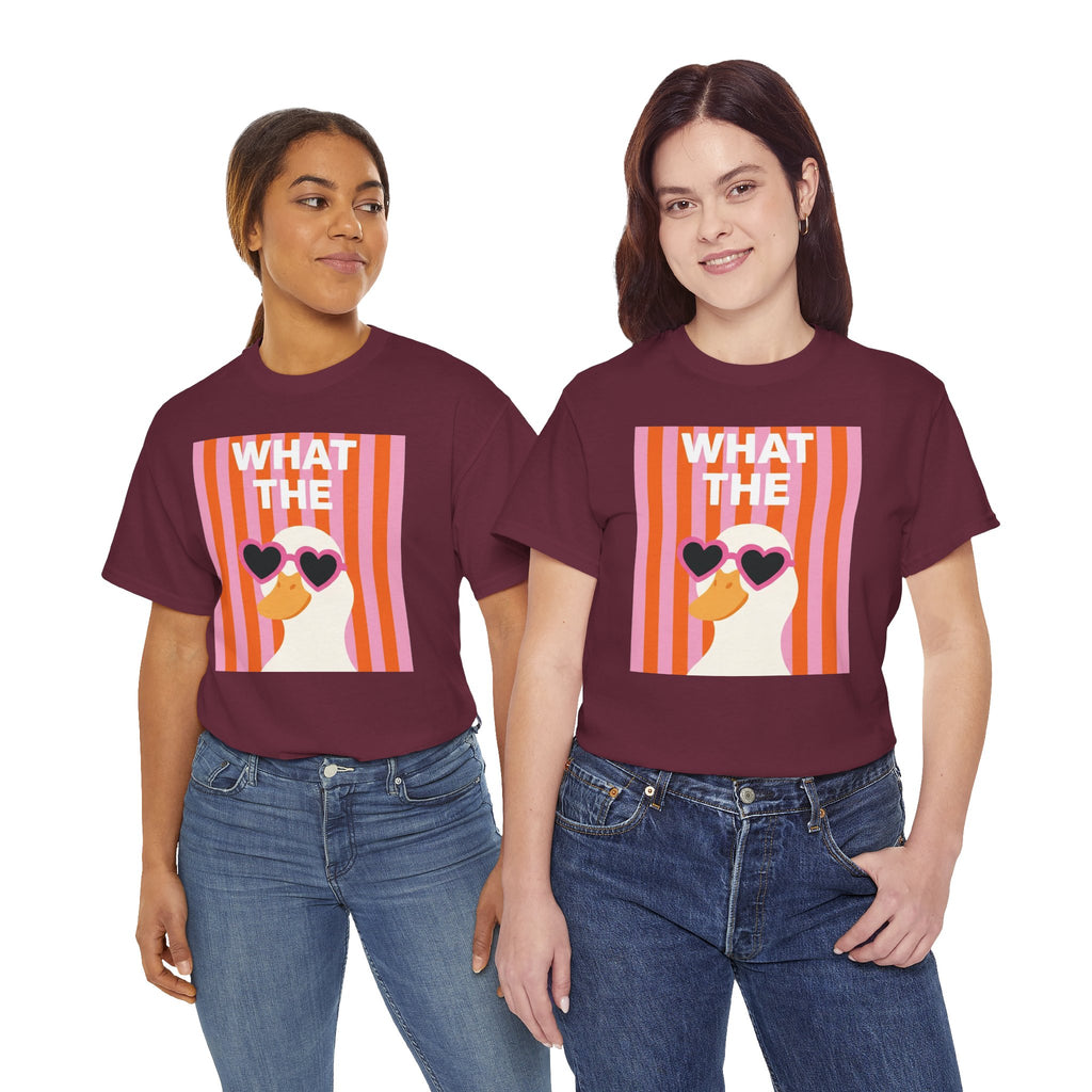Maroon crewneck t-shirt with retro heart sunglasses graphic panel, worn by two models.