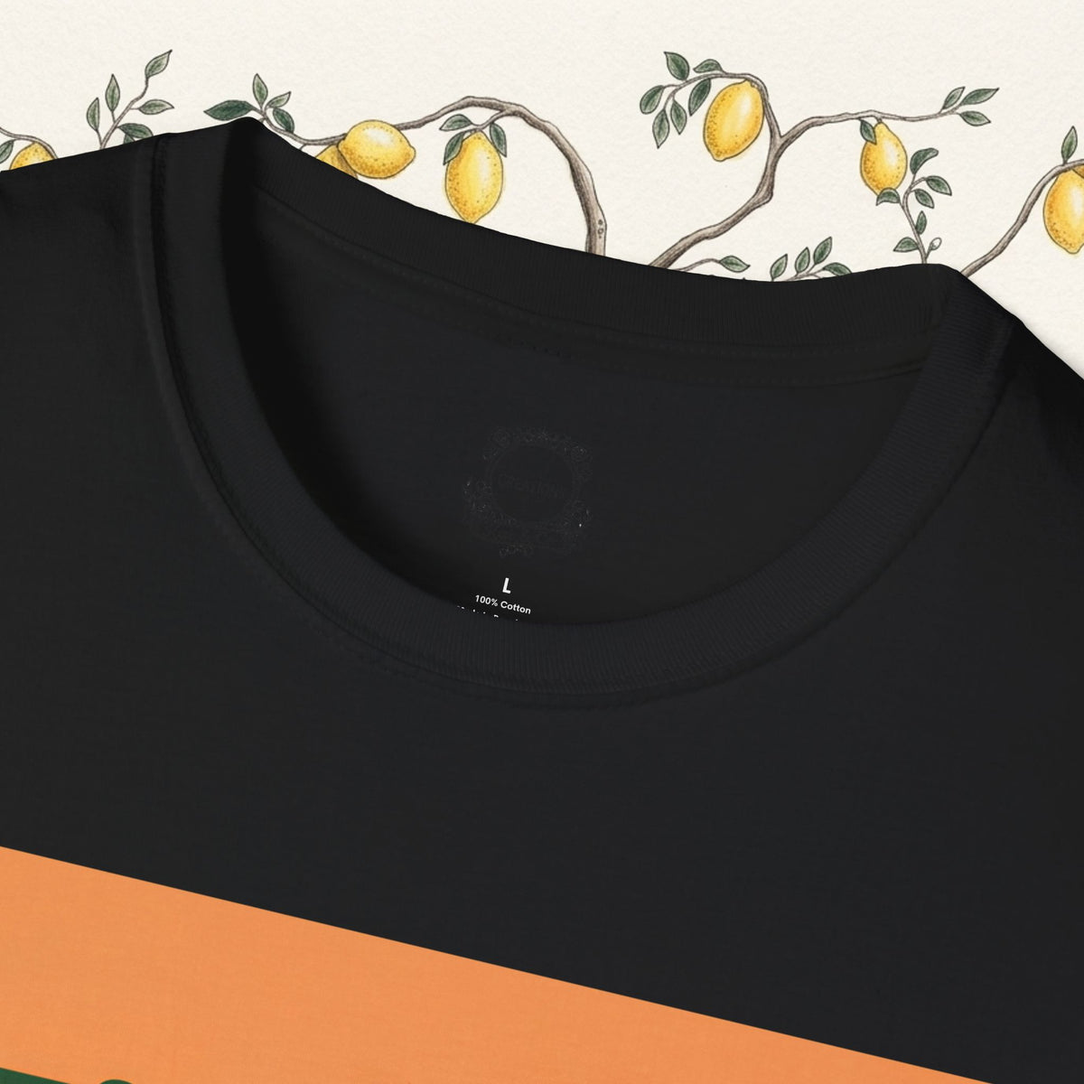 Black crewneck t-shirt with 'Missy' cow graphic, close-up of neckline