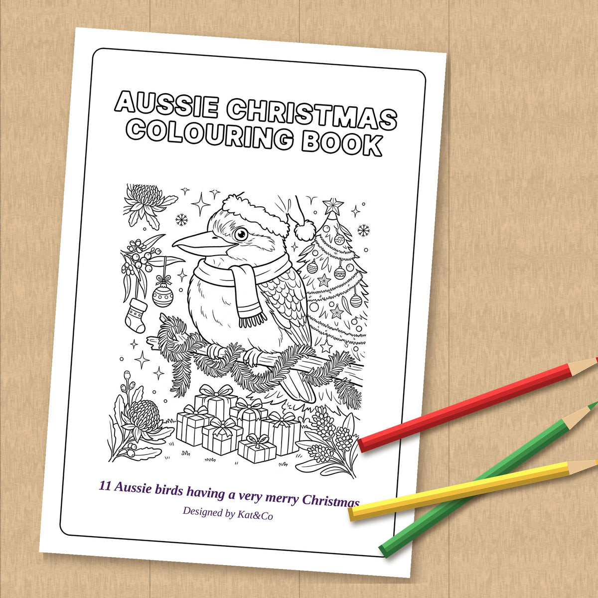 Christmas colouring book cover with line-art birds, tree and presents, plus colored pencils