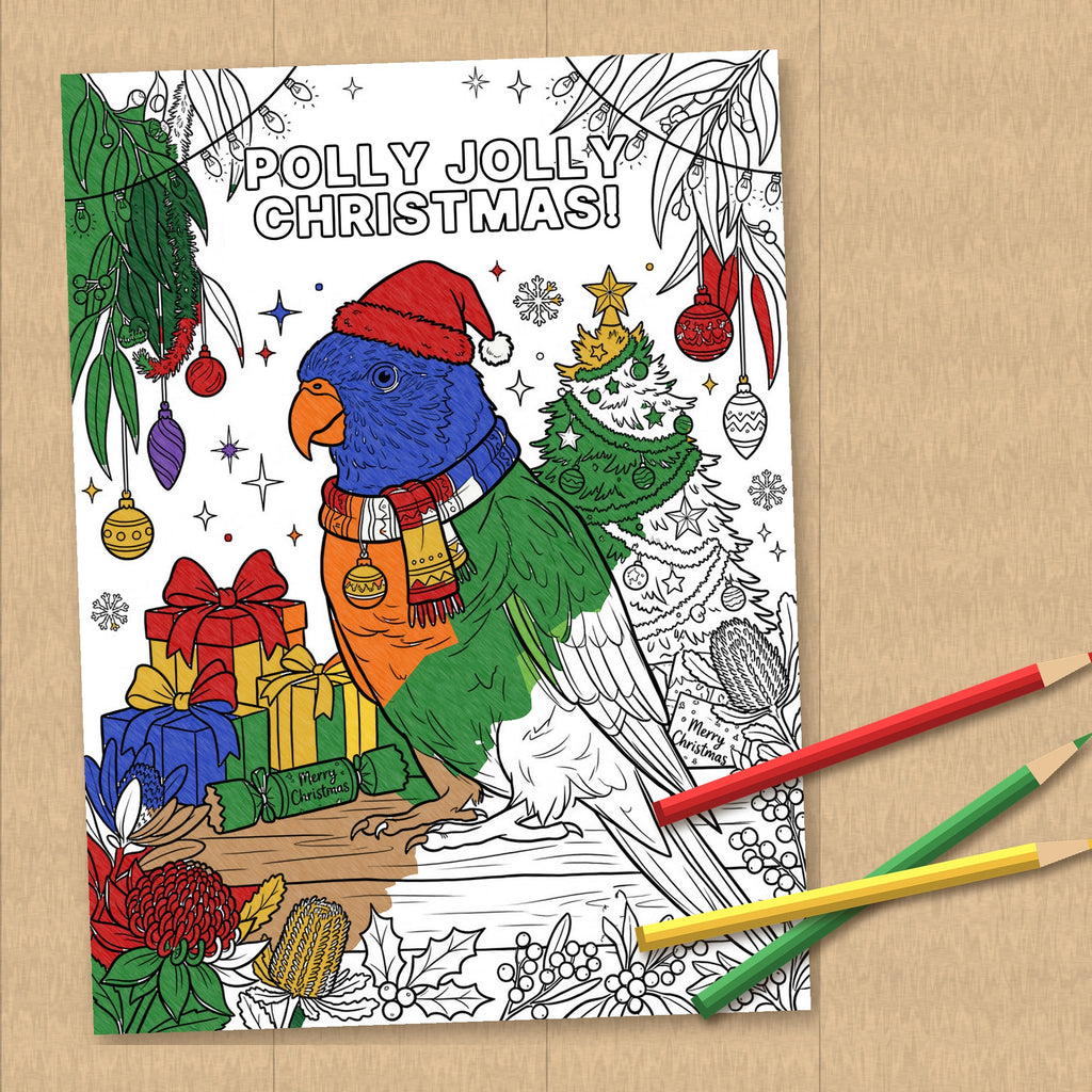 Christmas colouring page titled “Polly Jolly Christmas” with parrot, wreath, gifts, pencils