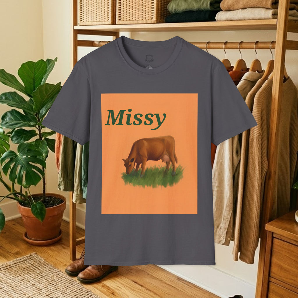 Charcoal short-sleeve T-shirt with orange “Missy” cow graphic on front