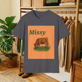 Charcoal short-sleeve T-shirt with orange “Missy” cow graphic on front