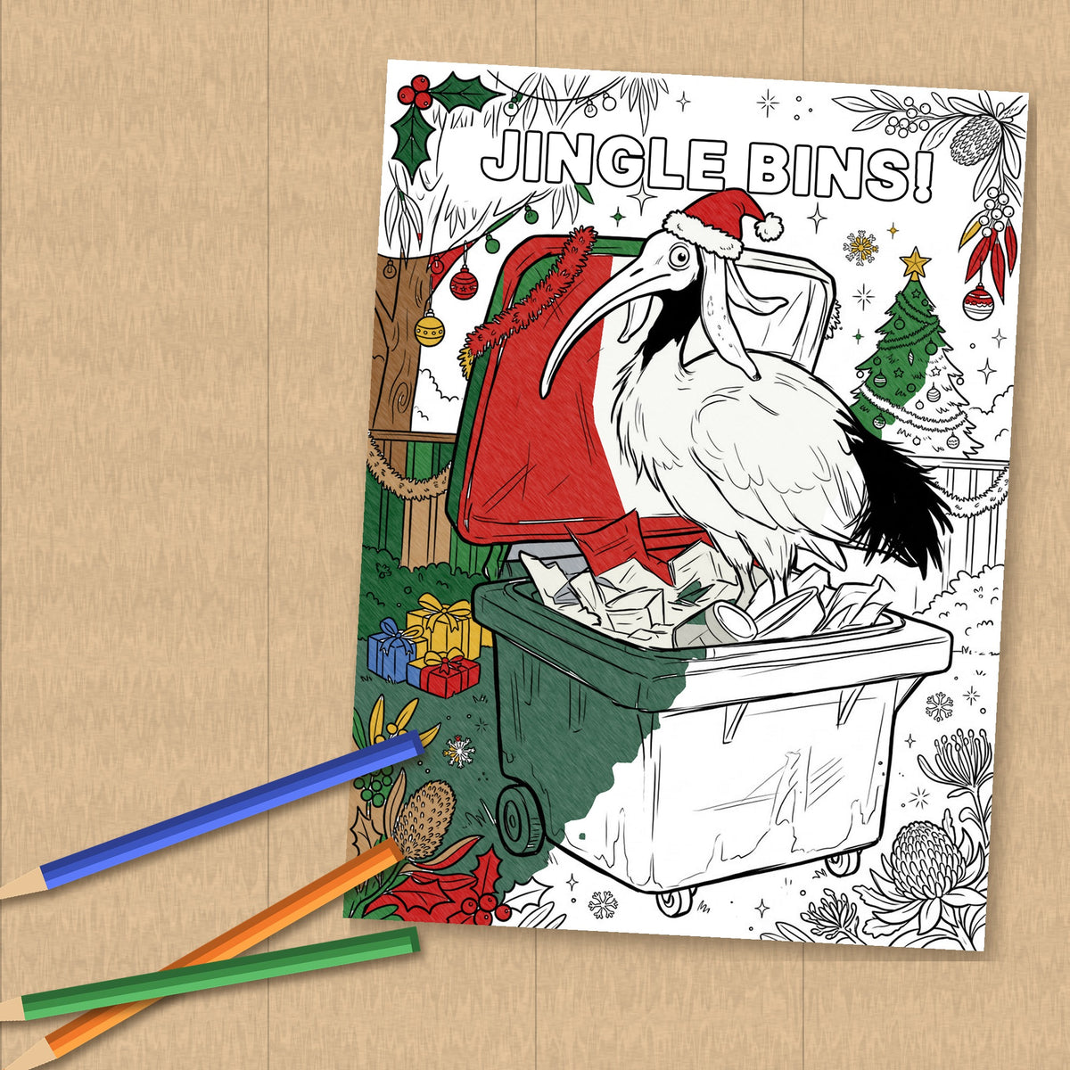 Half-coloured "Polly Jolly Christmas!" colouring page of a rainbow lorikeet in a Santa hat with Christmas presents