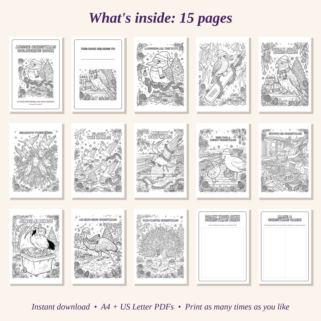Christmas colouring book preview showing “What’s inside: 15 pages” thumbnail grid