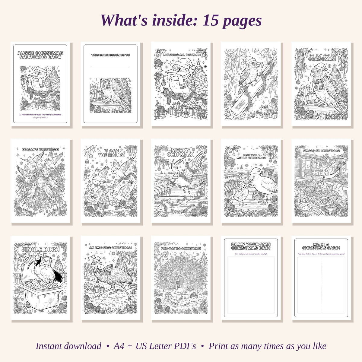 Christmas colouring book preview showing “What’s inside: 15 pages” thumbnail grid
